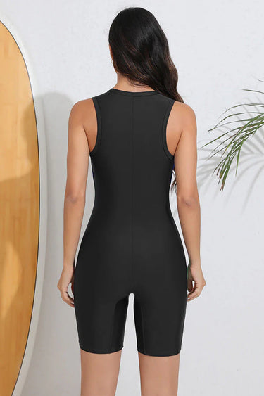 Black & Blue Colorblock Zipper Sports Swimsuit